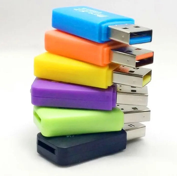 Mini USB TF and SD memory card reader adapter on a white background.