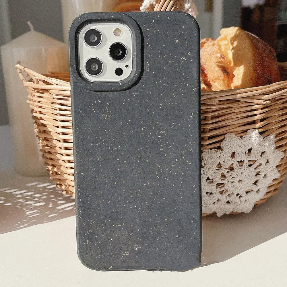 Fully degradable wheat straw phone case for Apple iPhone on a white background.