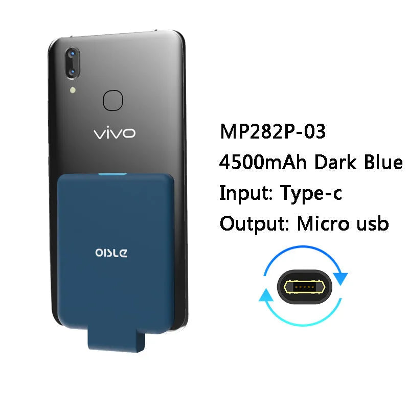 MP282P back clip battery power bank in multiple colours next to a smartphone.