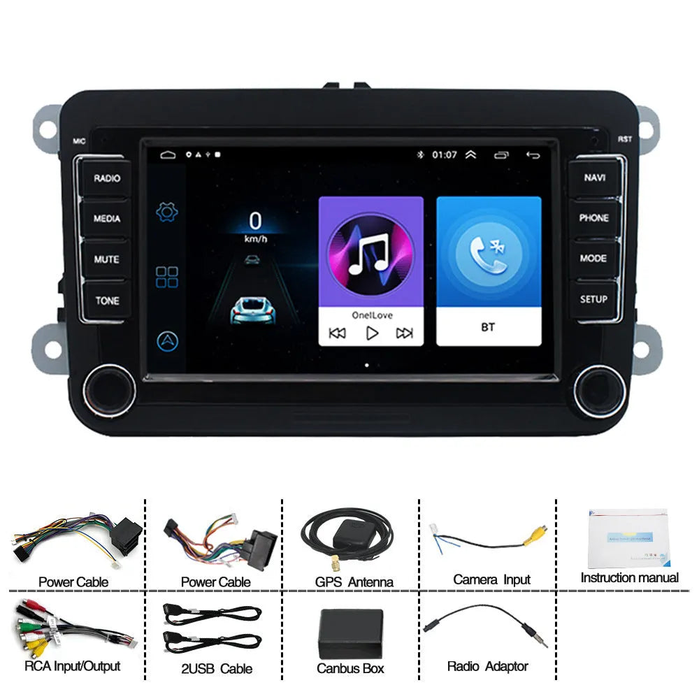 Universal Android 12 car stereo with 7-inch screen for Volkswagen, showing Carplay and app interface.