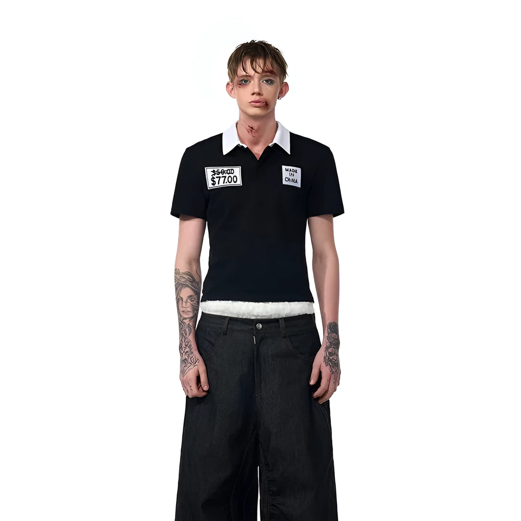 Black slim fit men's polo shirt with embroidery detail and short sleeves for summer wear