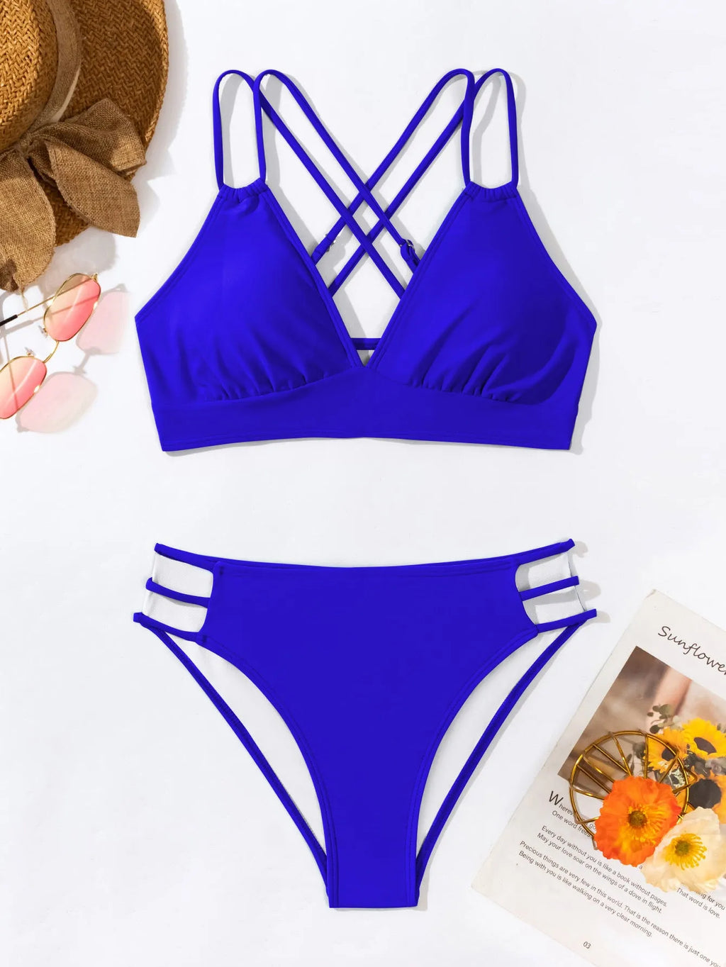Women's halter bikini swimsuit with V-neck design and split shorts in six colour options