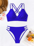 Women's halter bikini swimsuit with V-neck design and split shorts in six colour options
