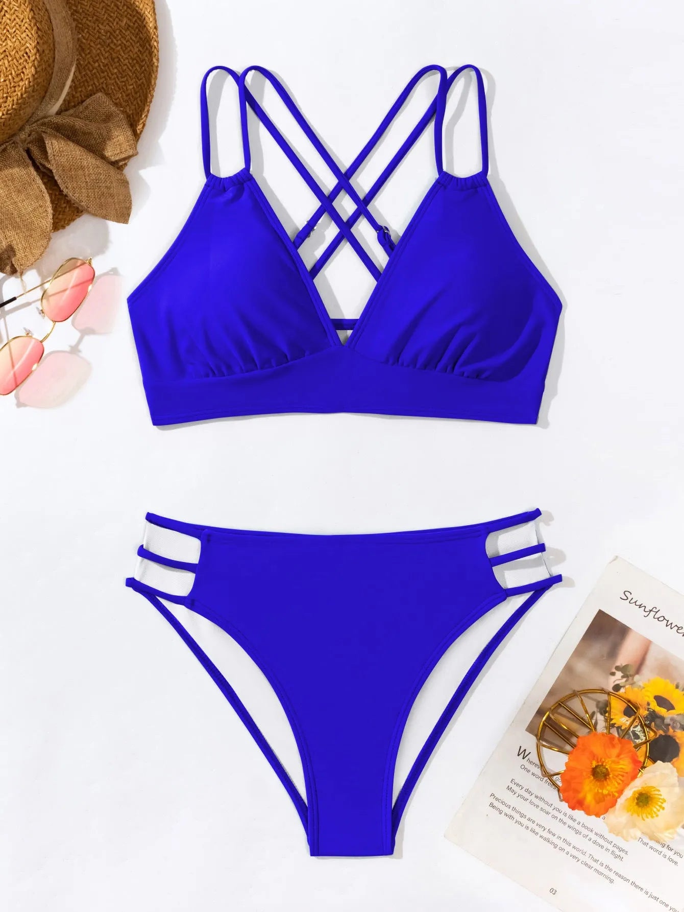 Women's halter bikini swimsuit with V-neck design and split shorts in six colour options