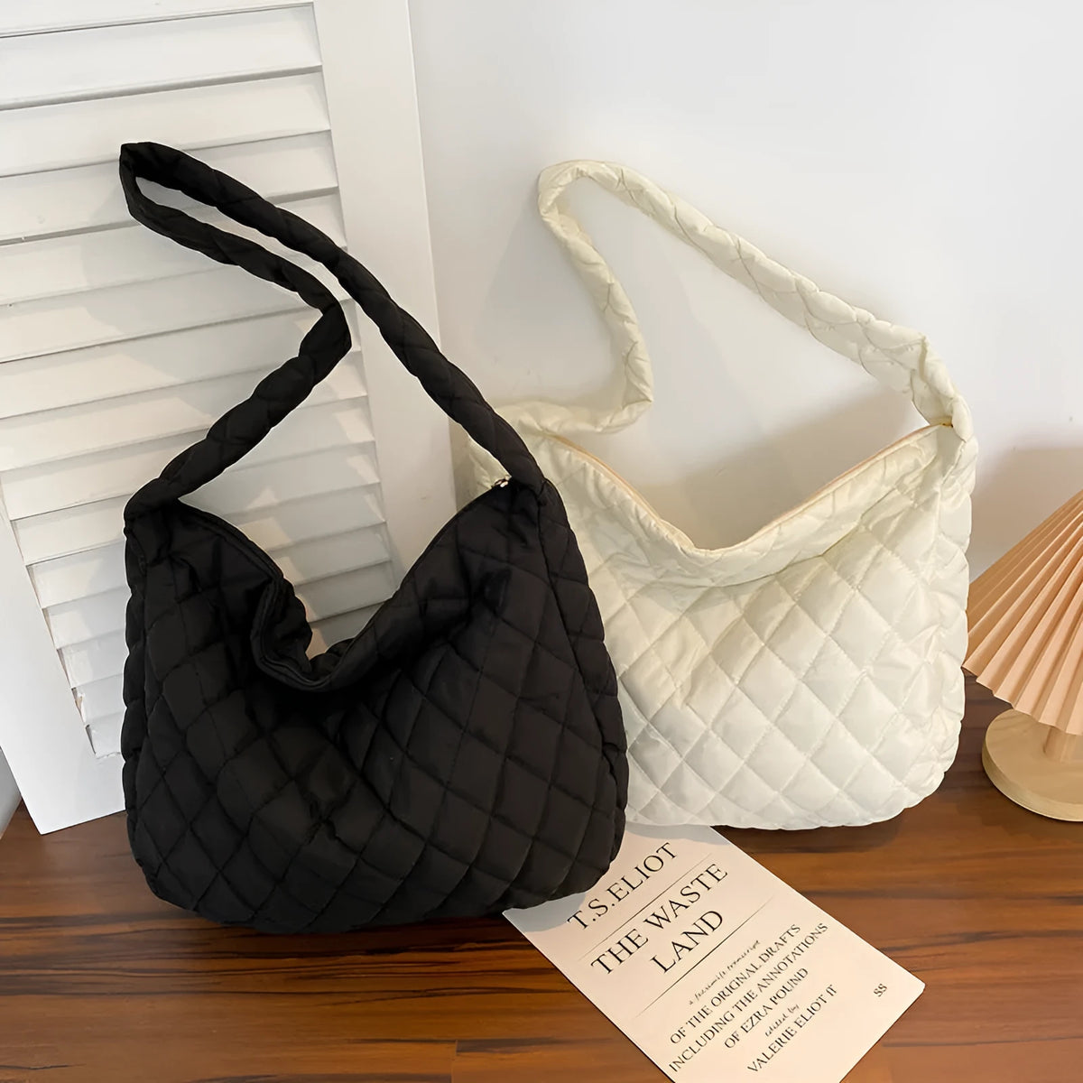 Women's large nylon tote shoulder bag with zip, soft handle, 60cm strap, in white or black