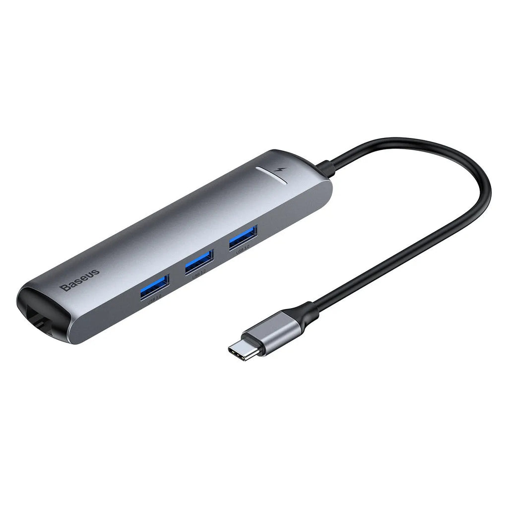 Dark grey Type-C docking station hub compatible with Apple MacBook and iPhone models with 5Gbps transfer rate