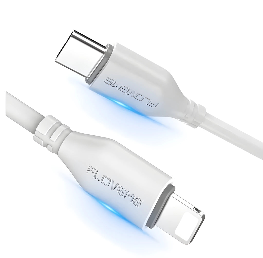White USB-C to Lightning charging cable with nylon braiding shown at full 2-metre length