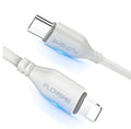 White USB-C to Lightning charging cable with nylon braiding shown at full 2-metre length