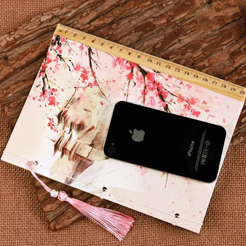 Chinese style thread-bound notebook with watercolour retro Azalea cover, showing open pages.