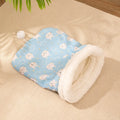 Blue rabbit print flannel cat sleeping bag nest bed measuring 50 by 40 centimetres.