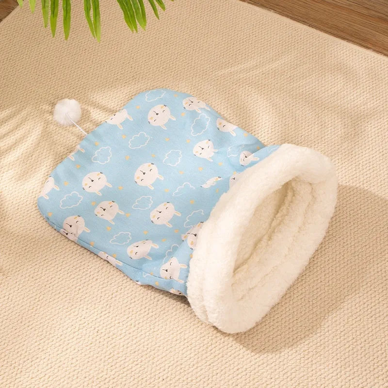 Blue cat sleeping bag nest pet bed with flannel lining, measuring 50cm by 40cm.
