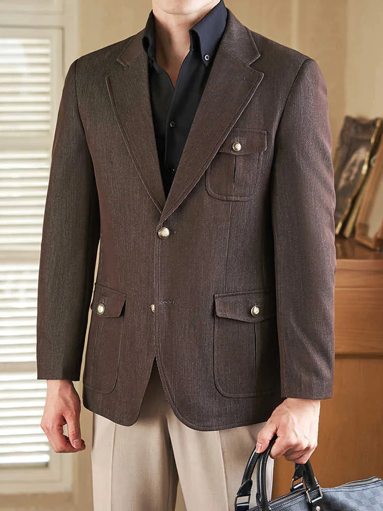 Men's anti-wrinkle easy-care suit jacket in blue polyester viscose blend with flat lapel and double slit back