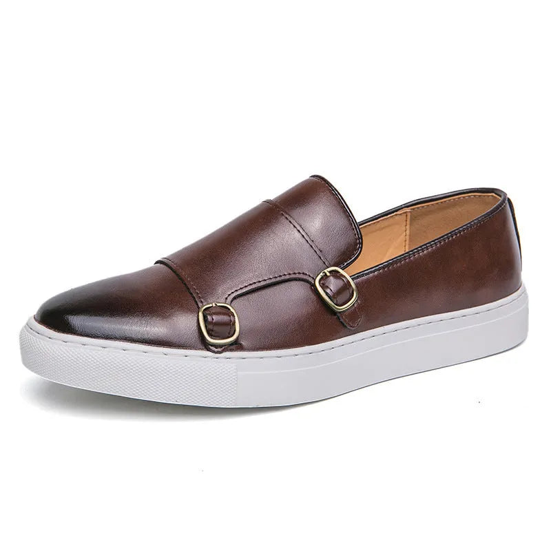 Men's business casual sneakers round toe low top artificial PU upper rubber sole black brown sides 38-46