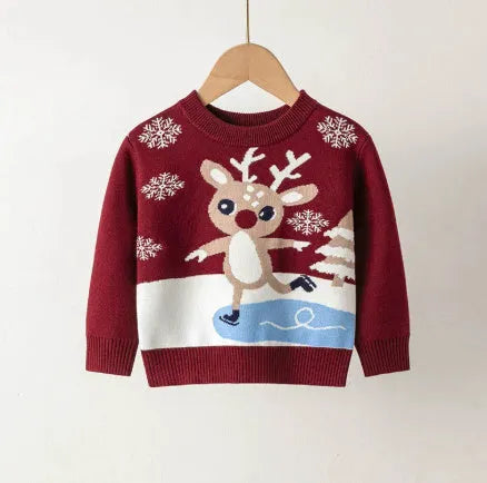 Baby knitted pullover sweater in sapphire blue with cartoon pattern long sleeves viscose fabric