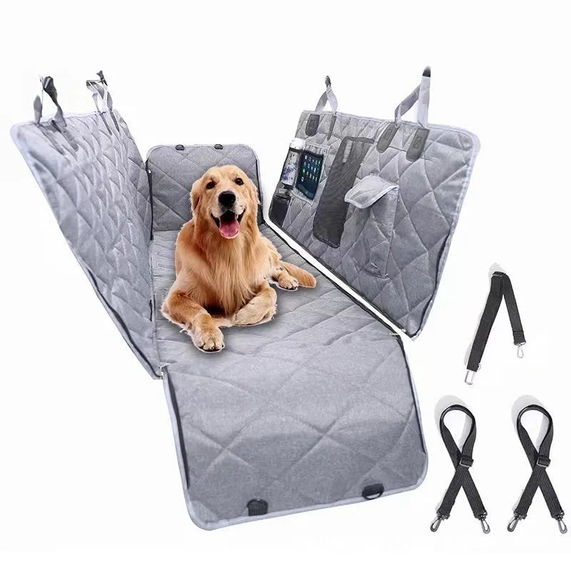 Cloth pet car mat for dogs on a vehicle seat, shown in black and grey colour options.