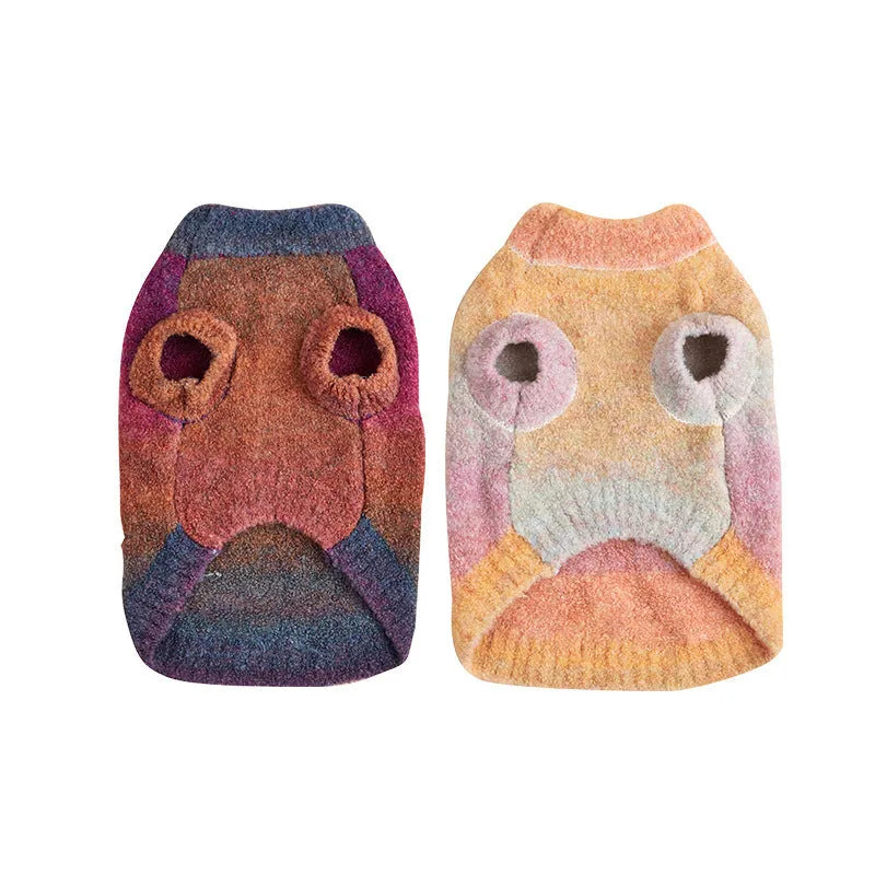 Dopamine pet sweater with rainbow circles on a dog, available in styles 1 and 2, sizes S to XXL