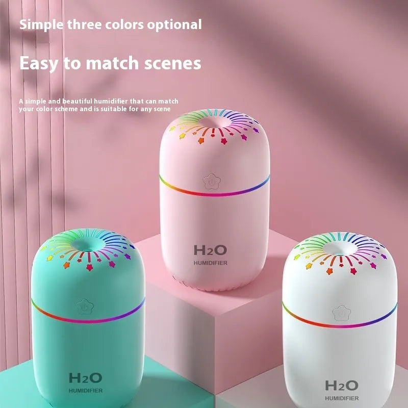 White USB mini humidifier with 300ml tank on a desk next to a laptop.