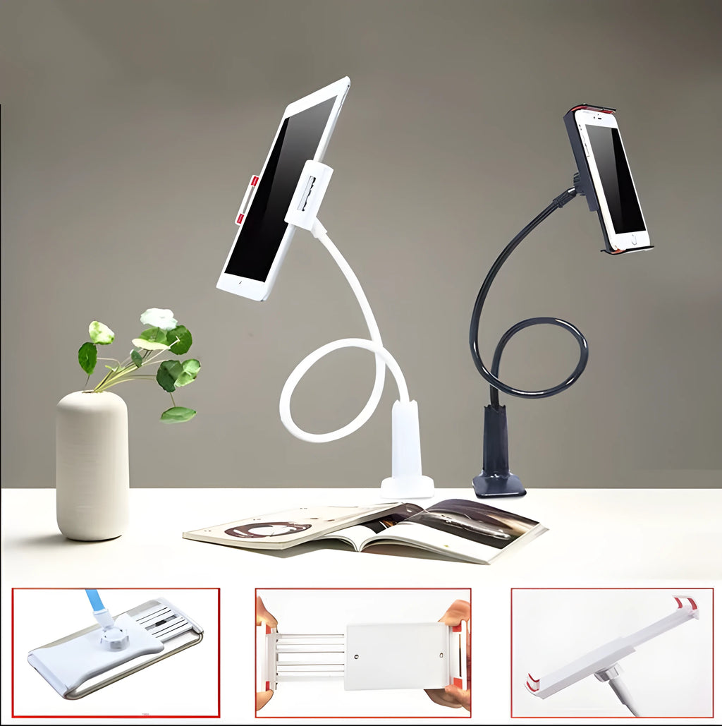 Black bedside phone handset with long adjustable arm and clamp base on a wooden table.
