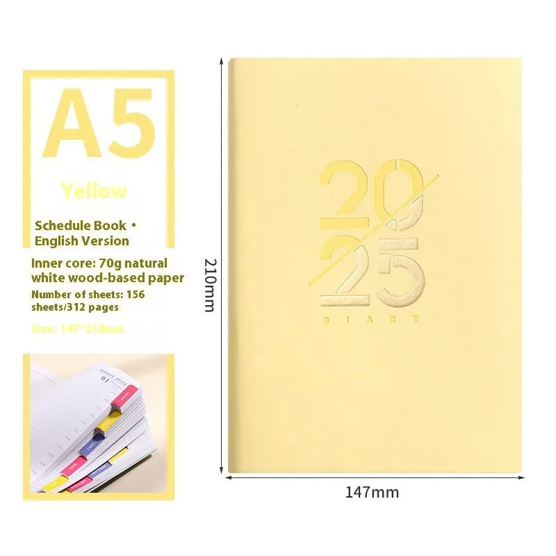 2025 A5 daily schedule book with soft faux leather cover, open to show weekly planner layout.
