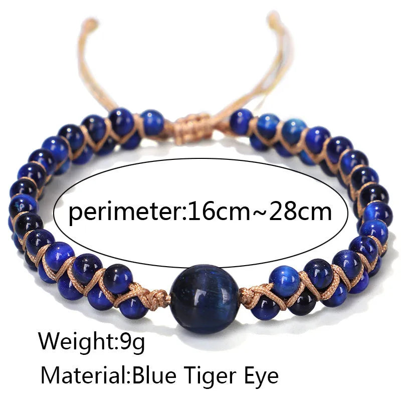 Handmade woven pull bracelet with geometric pattern in Tigereye or Amethyst stone beads