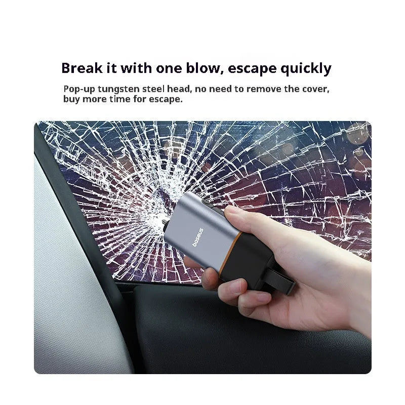Car safety life hammer in Star Black with aluminium alloy and ABS construction showing charging port and compact body