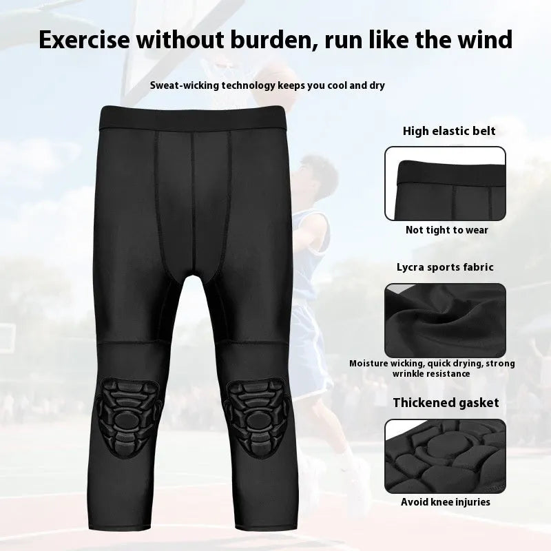 Basketball cropped pants with integrated knee pad anti-collision leggings for men black Lycra polyester mid waist