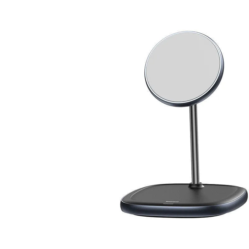 Swan black magnetic desktop wireless charging stand for iPhone 12 with included Type-C cable.