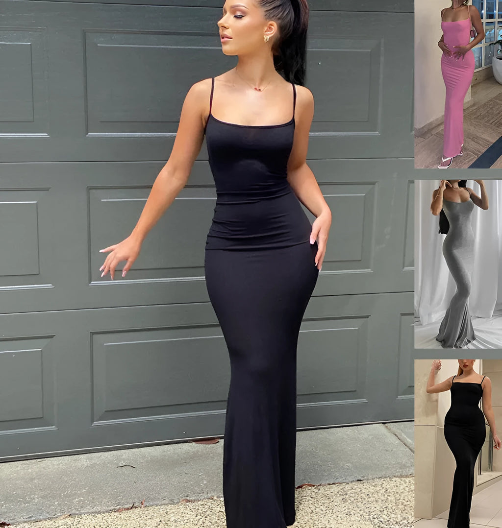 Spaghetti strap long bodycon dress for women, solid colour, high waist A-line skirt, available in pink