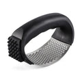 304 stainless steel garlic press with PP handles in four colour options measuring 11 by 7 centimetres