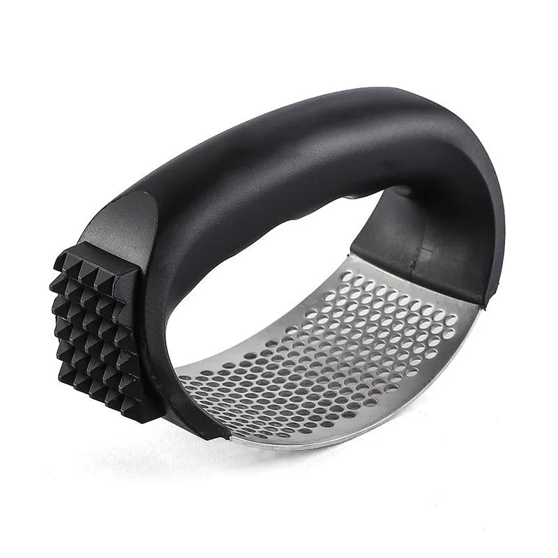 304 stainless steel garlic press with PP handles in four colour options measuring 11 by 7 centimetres