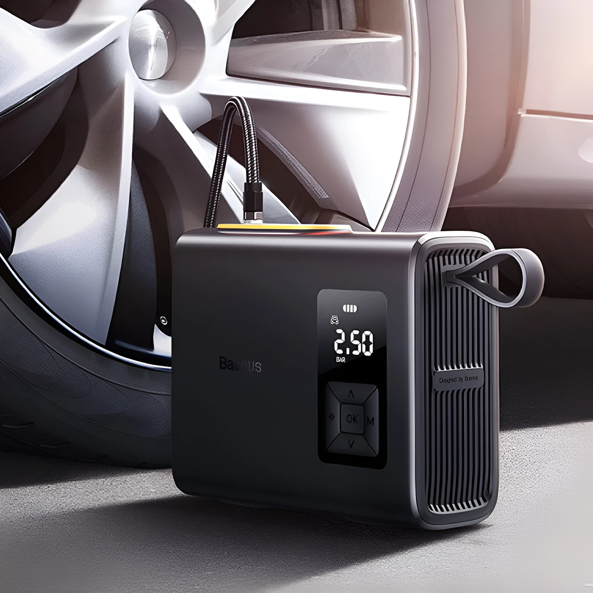 Black portable electric car tyre inflator with digital display, hose, and Type-C charging port