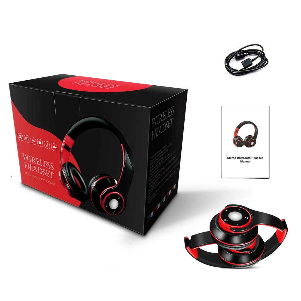 Foldable over-ear wireless Bluetooth headset with adjustable hinges in blue, red, or rose red colours.
