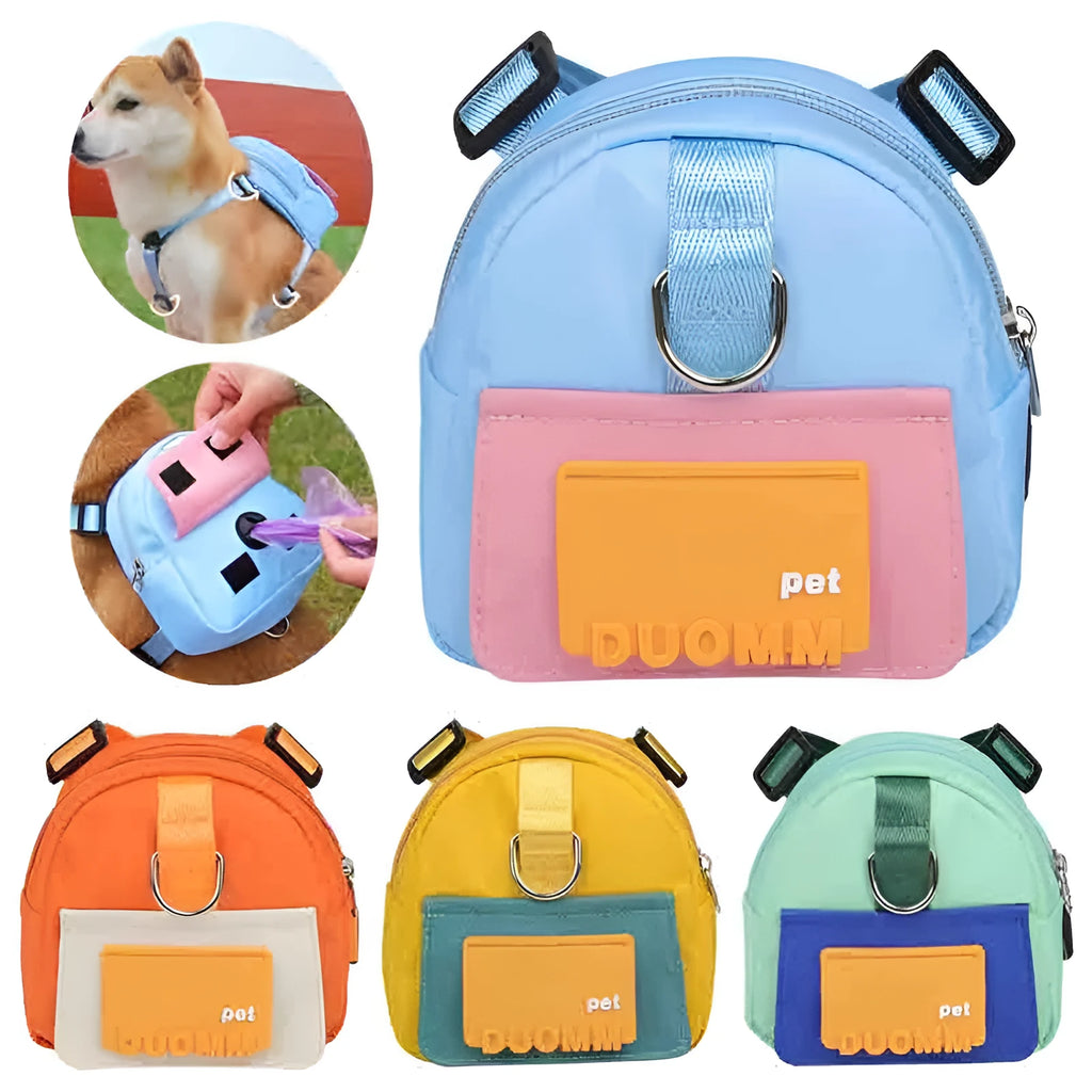 Blue polyester fibre dog backpack harness with snack storage compartments and adjustable straps