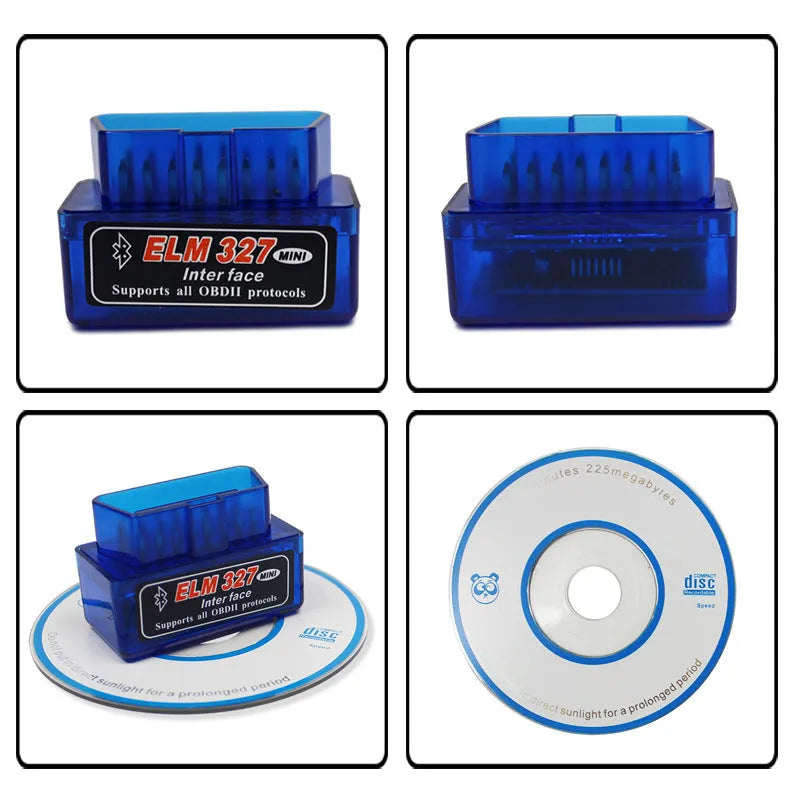 Compact black ELM327 Bluetooth OBD2 diagnostic scanner for car fault codes and live data.