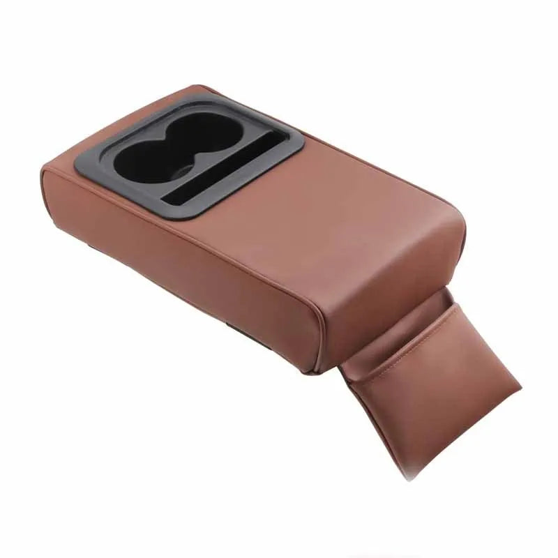 Beige leather car armrest box with water cup holder on a car centre console