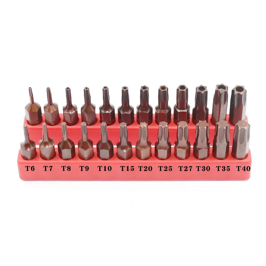 Black screwdriver bit set with magnetic tip showing T6 to T40 sizes on display