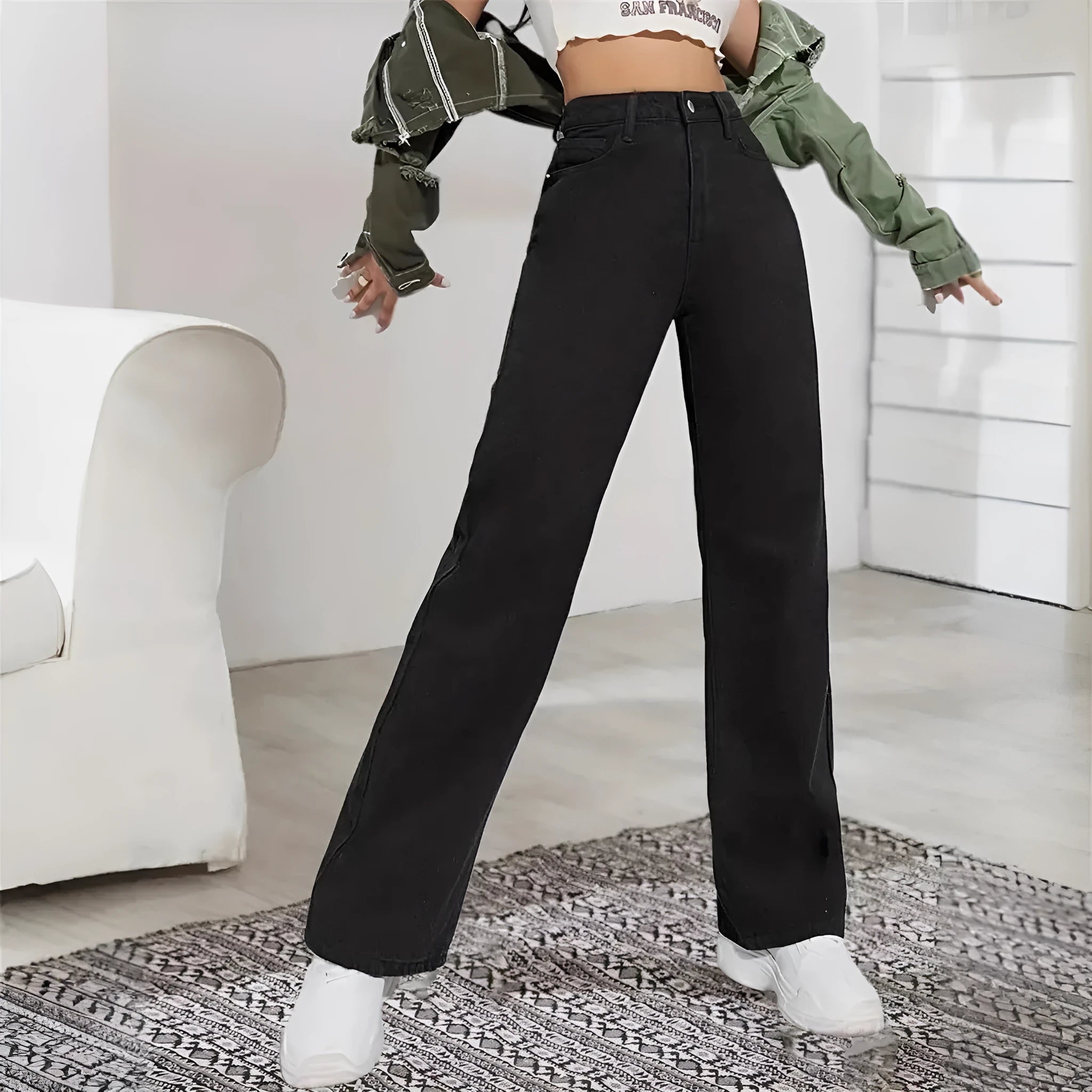 Women's black wash high-waist stretch denim straight-leg casual trousers