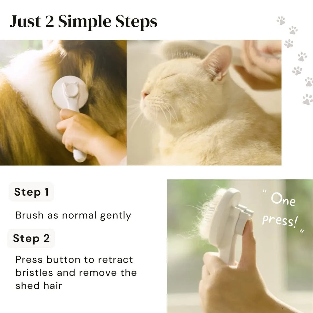 Self-cleaning pet grooming brush with ergonomic handle in blue, grey, or pink