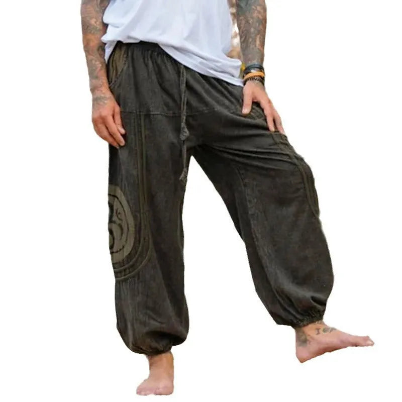 Men's dark green ethnic pattern ankle-tied casual trousers with mid waist and thin polyester construction
