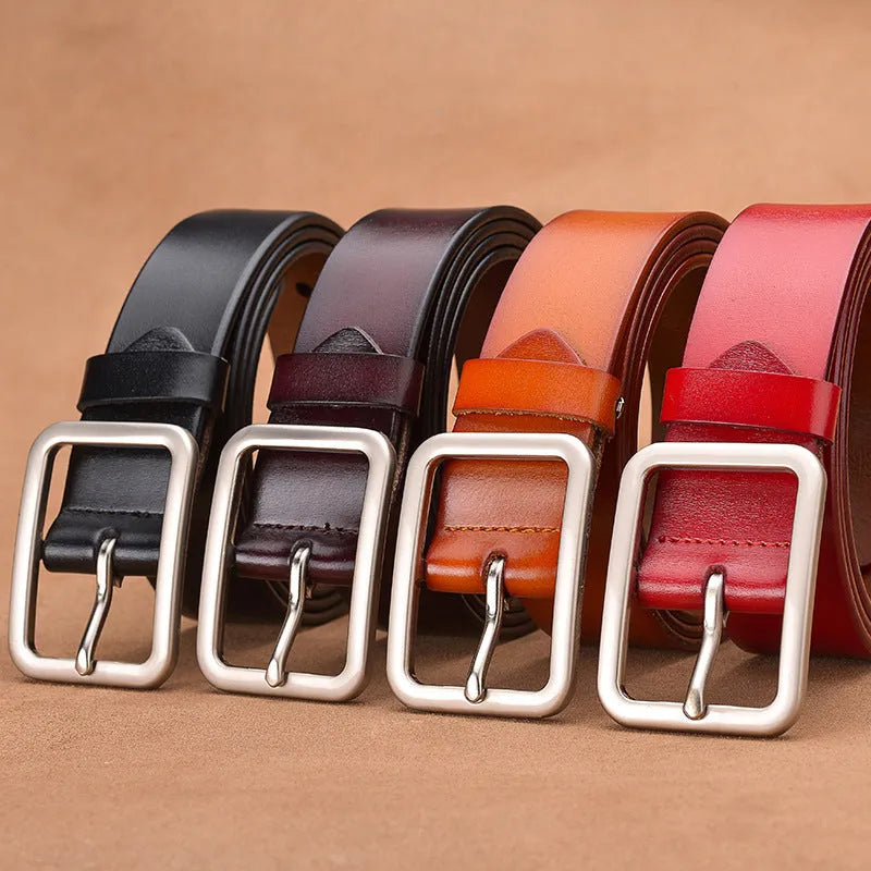 Genuine leather belt with rectangle alloy pin buckle, shown in red, black, brown and camel