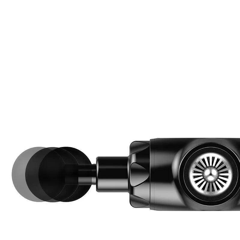 Black and white cordless massage gun with adjustable speed settings for muscle relaxation.
