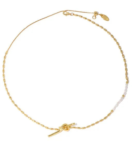 Gold real pearl necklace with copper pendant, bends and hitches design, adjustable 21-50cm chain