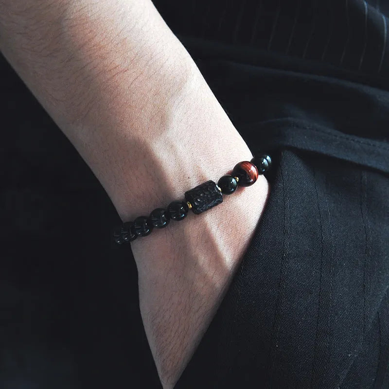 Men's obsidian crystal bracelet Korean style with black beads on wrist