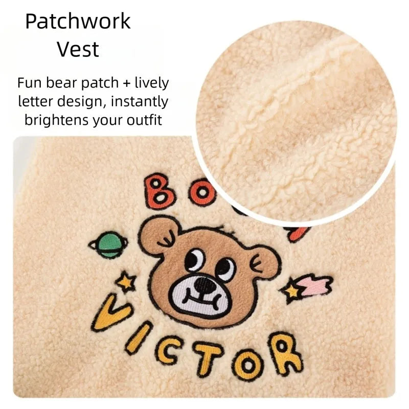Sherpa fabric pet vest in beige with bear pattern, for large dogs, high collar, available sizes 3XL to 8XL