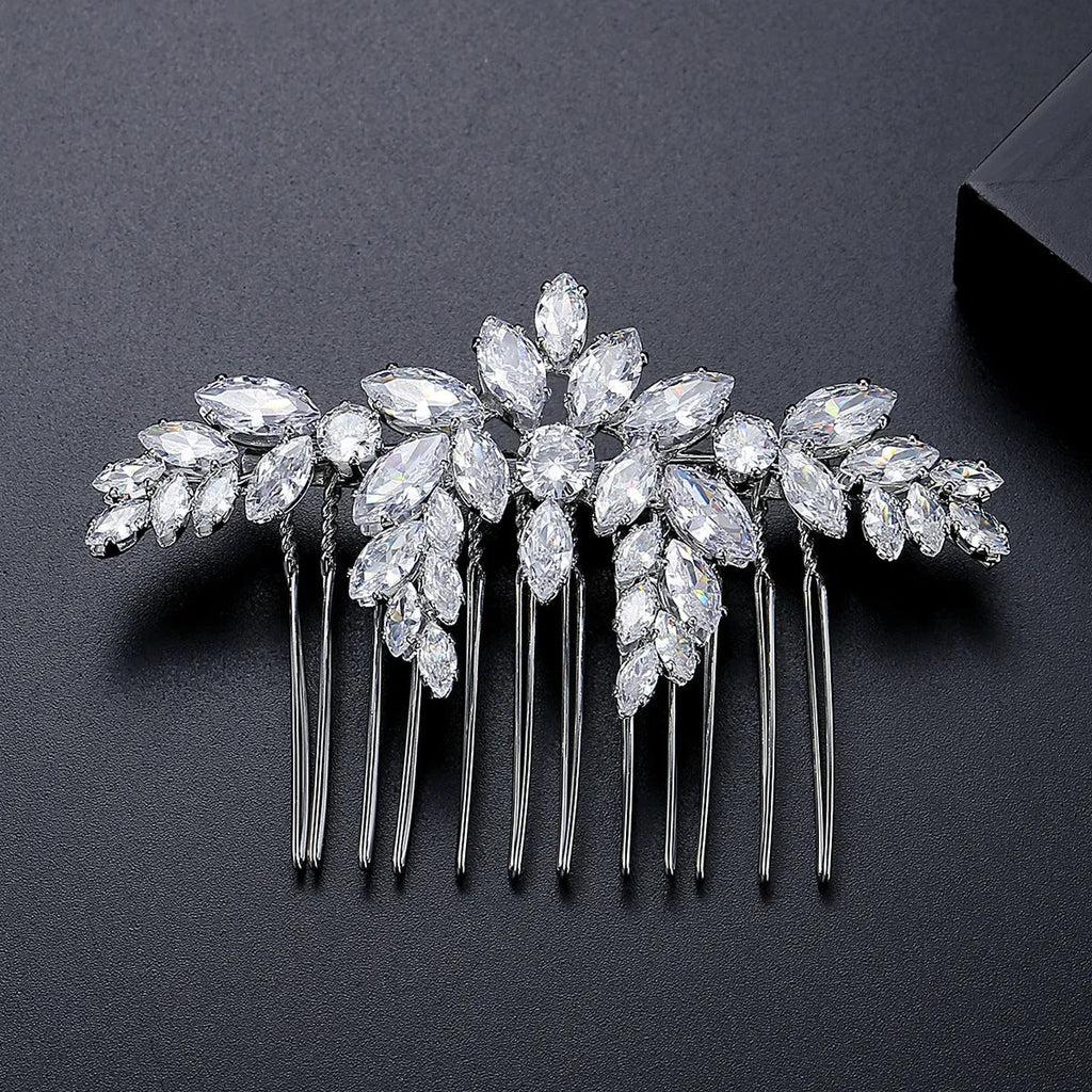 Copper bridal hair accessory with inlaid zircon stones in flower shape, electroplated finish