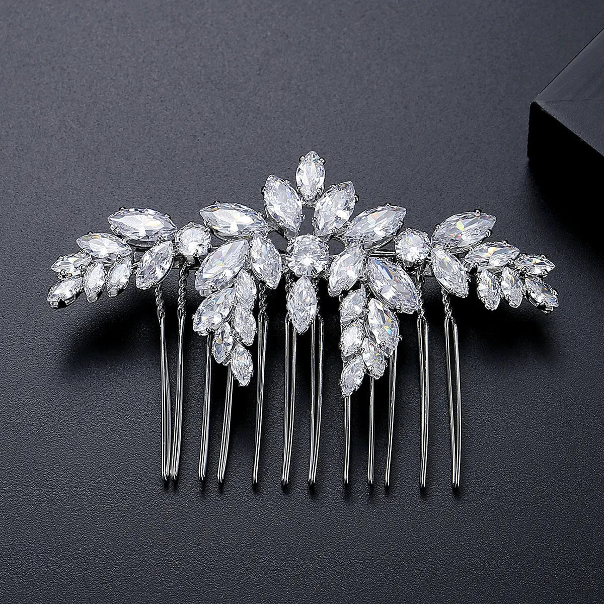Copper bridal hair accessory with inlaid zircon stones in flower shape, electroplated finish