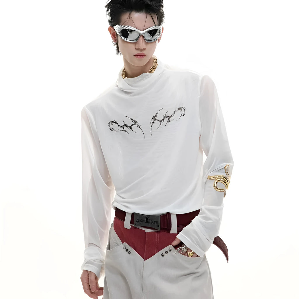 Niche mesh slim long sleeve bottoming shirt in black or white on a size chart