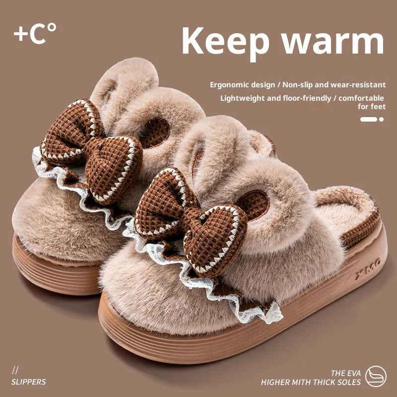 Indoor warm non-slip couples cotton shoes with suede upper and EVA sole in brown