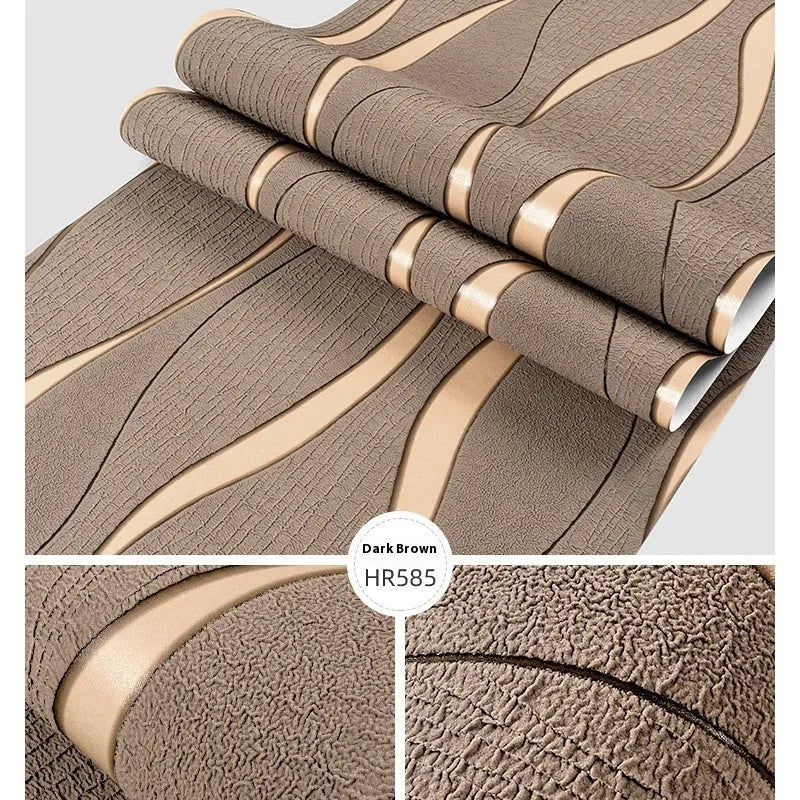 Close-up detail of dark brown 3D curve stripe wallpaper with thick deerskin velvet texture on a non-woven base.