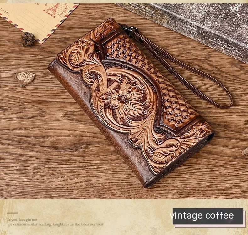 Retro brown tri-fold women's leather wallet with an embossed floral pattern, shown open to reveal compartments.